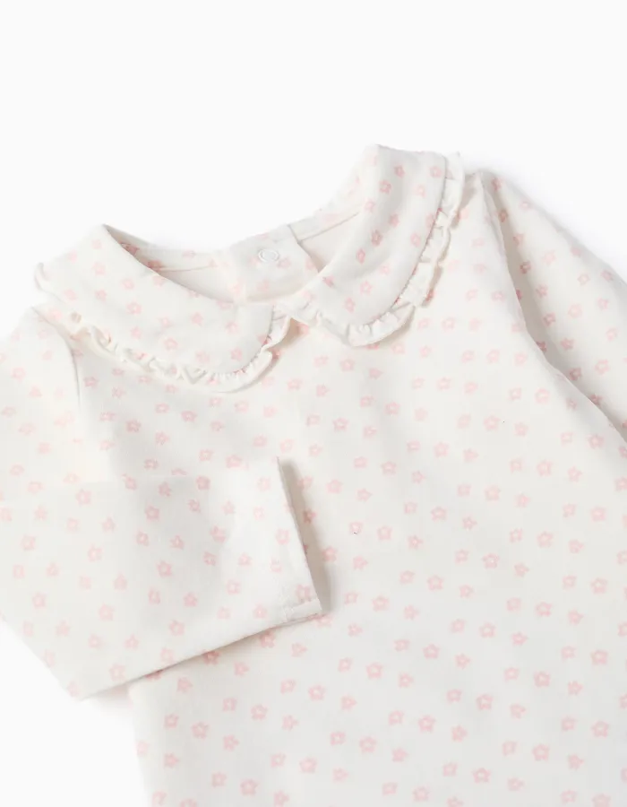 Long sleeve bodysuit with floral motif for newborn girls, white/pink