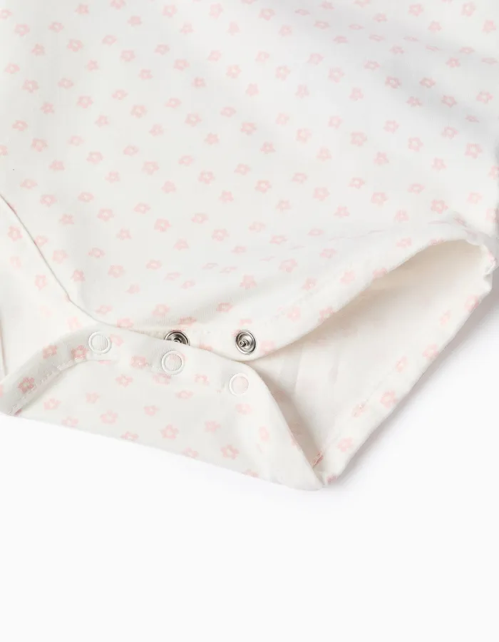 Long sleeve bodysuit with floral motif for newborn girls, white/pink