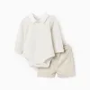 Striped bodysuit + twill shorts for newborn boys, white/beige