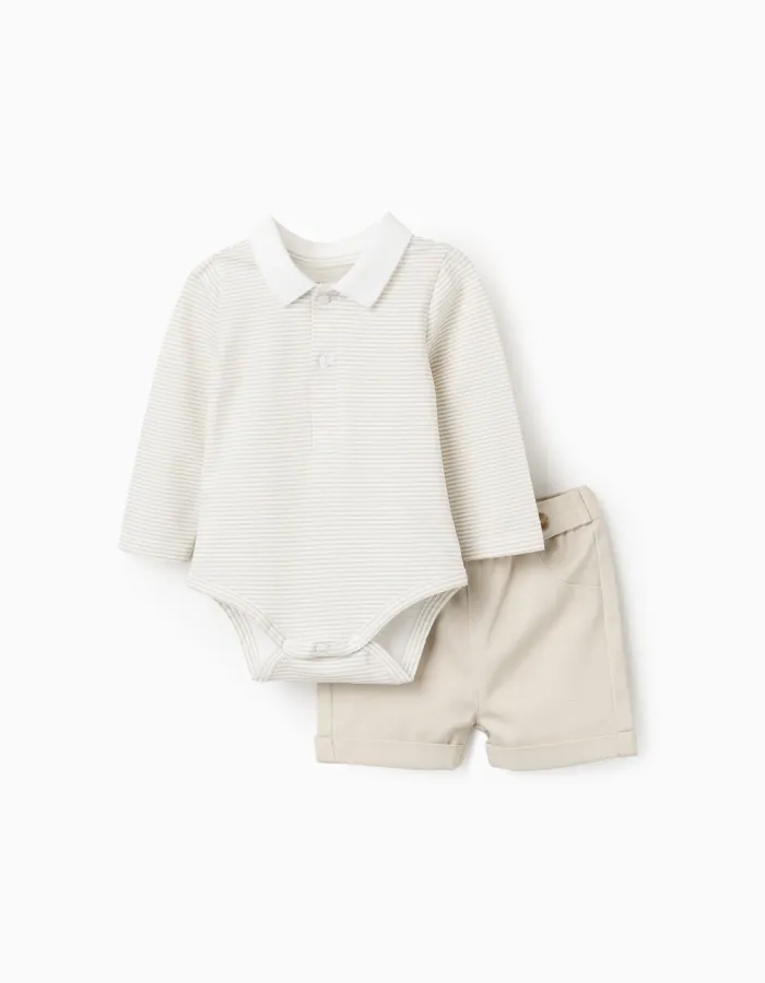 Striped bodysuit + twill shorts for newborn boys, white/beige