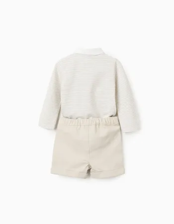 Striped bodysuit + twill shorts for newborn boys, white/beige