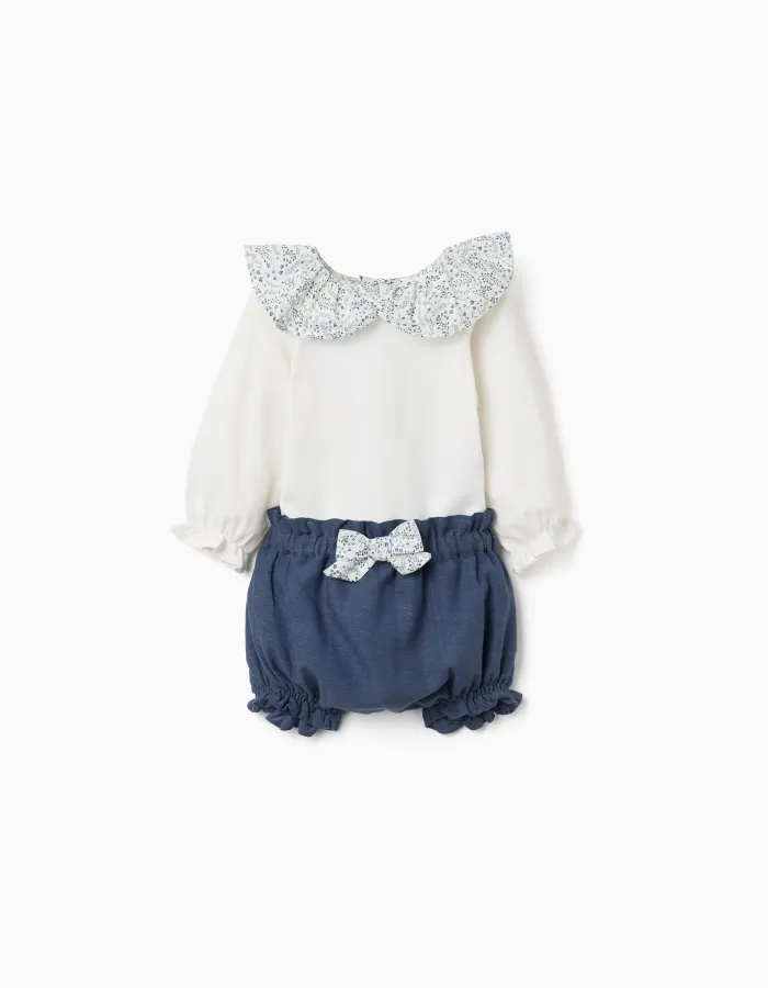 Cotton bodysuit + shorts with ruffles You&Me for newborn girls, white/blue
