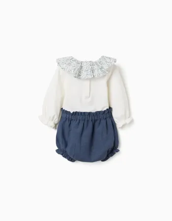 Cotton bodysuit + shorts with ruffles You&Me for newborn girls, white/blue